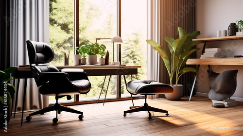 Sleek and minimalist home office setup with a sleek desk, ergonomic chair, minimalist decor, and ample natural light, offering a functional and aesthetic workspace. Generative AI © Aram