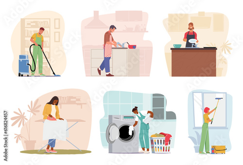 Set of Characters doing Daily Household Routines. Cleaning, Cooking, Organizing, Laundry, And Maintenance Home