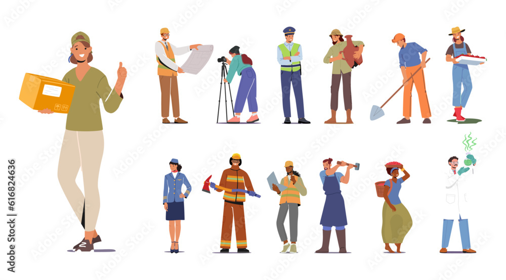 Set Of Professions, Male And Female Characters Courier, Architect, Road Inspector And Archeologist And Stewardess