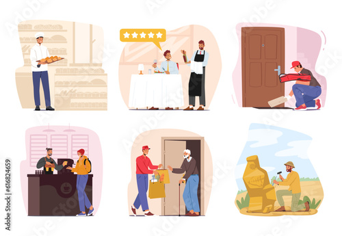 Set Of Male Characters Professional Occupation. Men Work As A Baker In The Bakery, Waiter In Restaurant, Courier