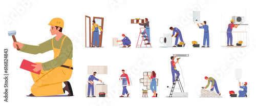 Fotografie, Tablou Set of Characters Repair Home, Provide Professional Services From Plumbing And E