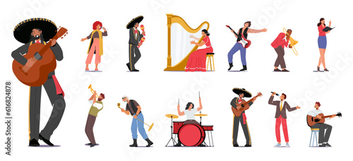Set Of Musicians Male And Female Characters Play Guitar, Maracas, Harp, Drums And Trumpet. Mean And Women Singing