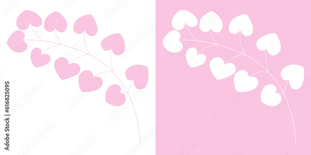 Branches with berries in the shape of a heart on a white background and on a pink background. Vector hand drawn floral elements. Botanical illustrations. Drawn floral elements.