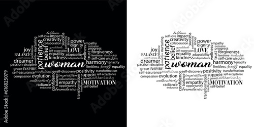 Woman Inspiration and Motivation Word Cloud in Black and White colours and different fonts