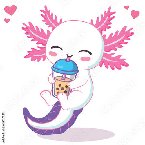 Kawaii axolotl drinking boba milk tea cartoon vector illustration
