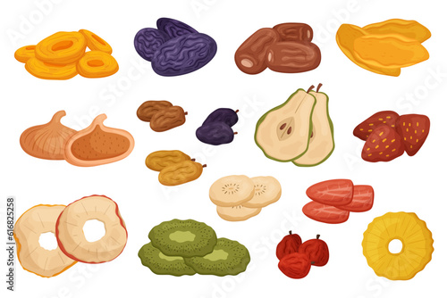 Set Of Dried Fruits And Berries. Raisins, Apricots, And Figs, Strawberry, Pineapple Or Mango Apple, Prunes, Strawberry