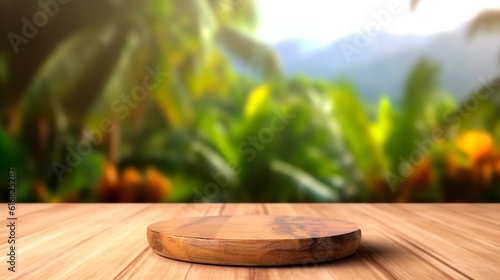 Wooden table in front of blurred tropical background. Generative AI