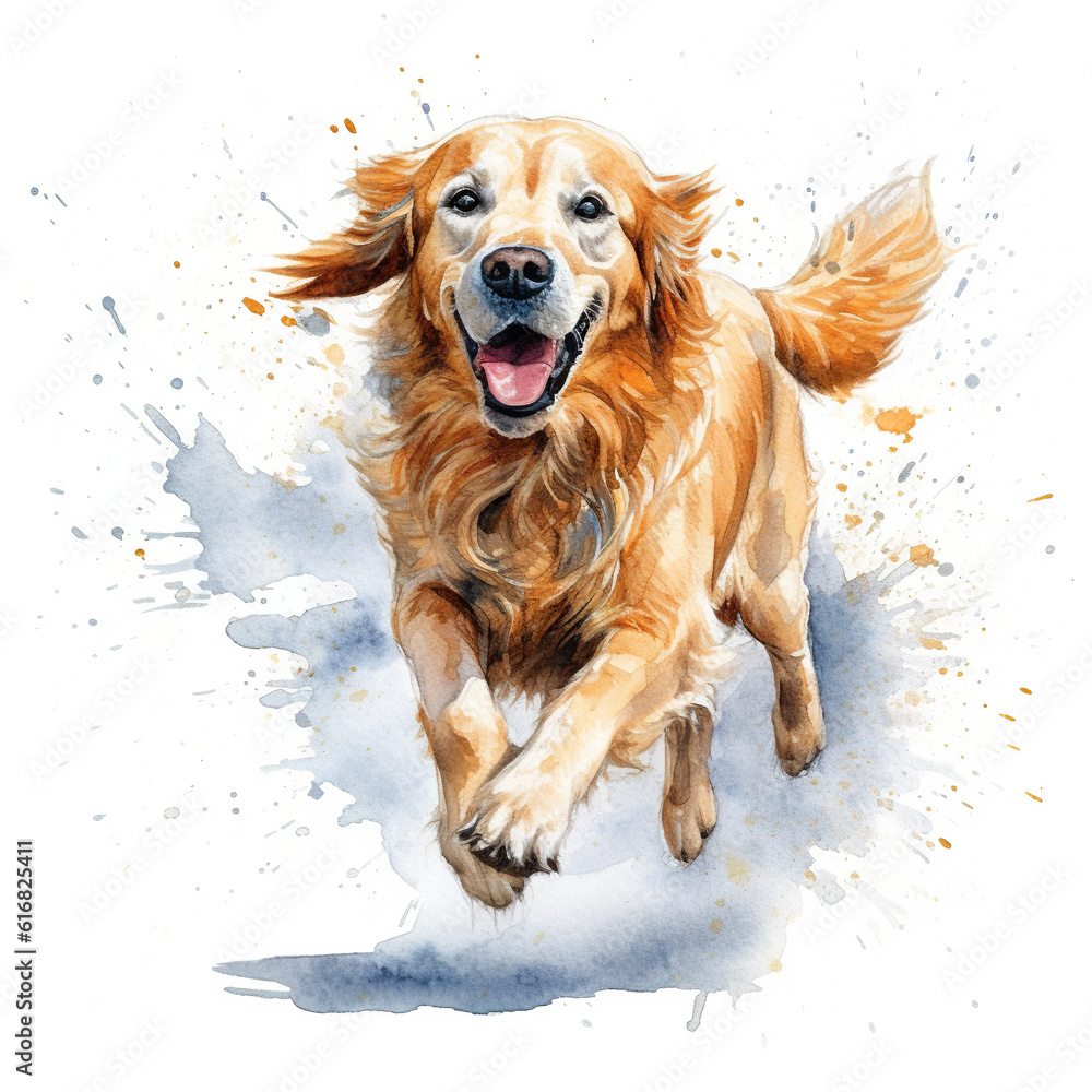 A painting of a golden retriever running in the snow. Generative AI.