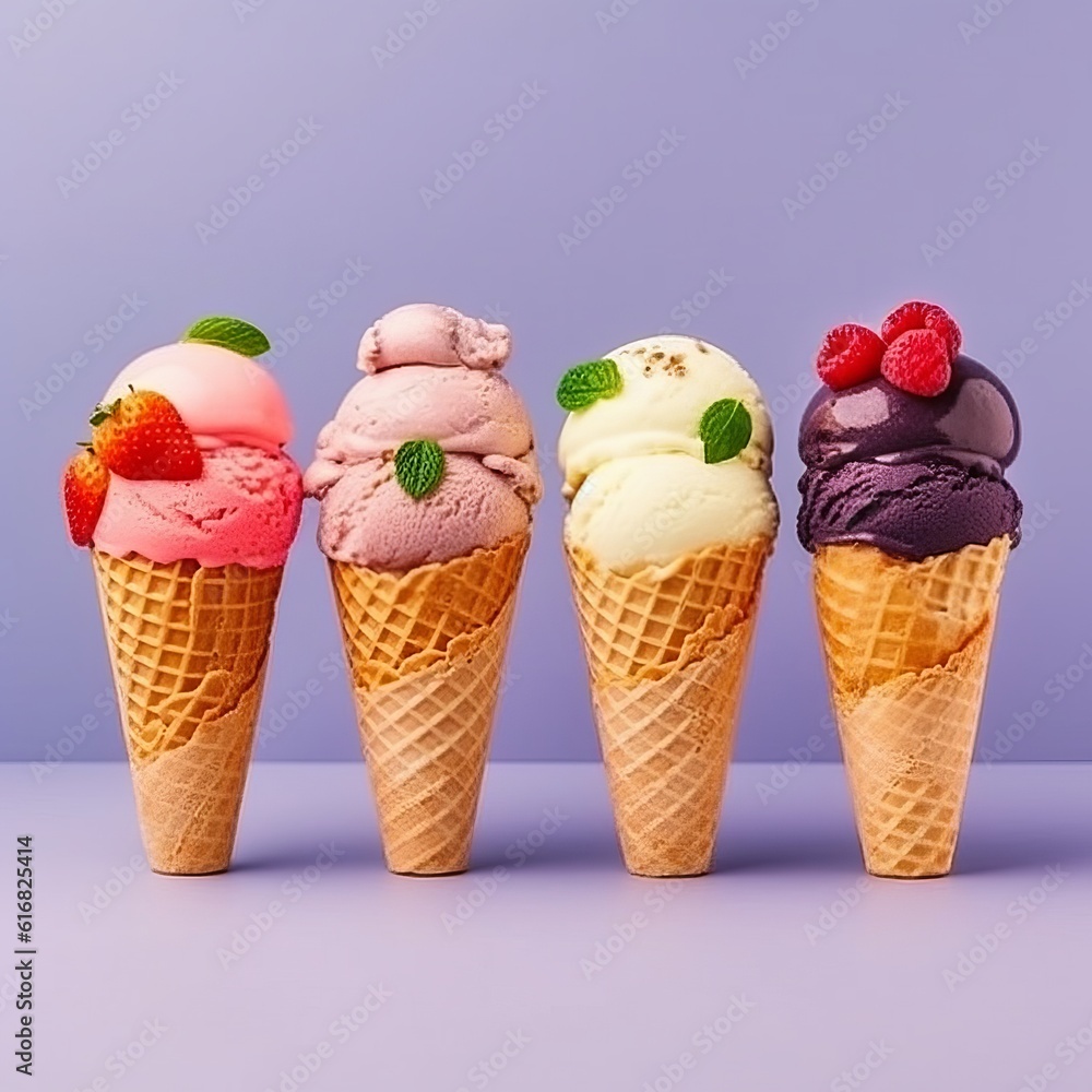 Soft ice cream in a waffle cone with fruits and berries, different colors and fillings. Delicious cold dessert. Neon light minimalistic background. Generative AI
