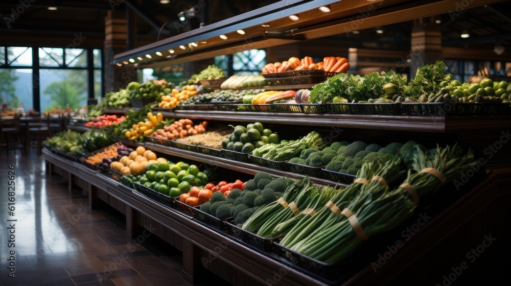 Freshness Abundance: A Massive Modern Grocery Store Showcasing Fresh Produce, Generative AI