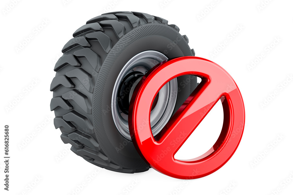 Truck Wheel with prohibition sign. 3D rendering