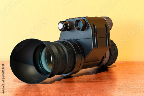 Night Vision Monocular on the wooden table. 3D rendering