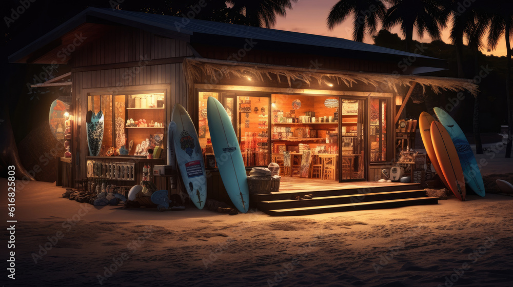 Surf shop on the beach with epic background