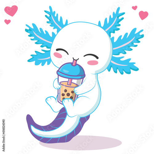 Kawaii axolotl drinking boba milk tea cartoon vector illustration
