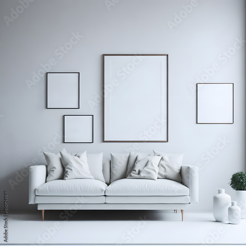 Modern and minimalistic living room interior with white sofa, plant and four picture frames in white wall background. Generated AI. © Jorge