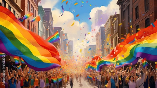 A crowd of people participating in a pride parade. Men and women at a street demonstration for LGBT rights. A group of gay, lesbian, bisexual, and transgender individuals. Colorful vector illustration
