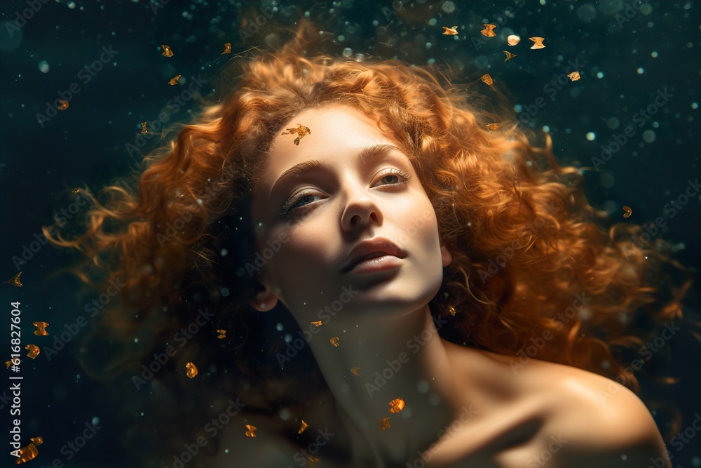 Portrait of a young woman with gold red curly hair swims underwater. Generative AI