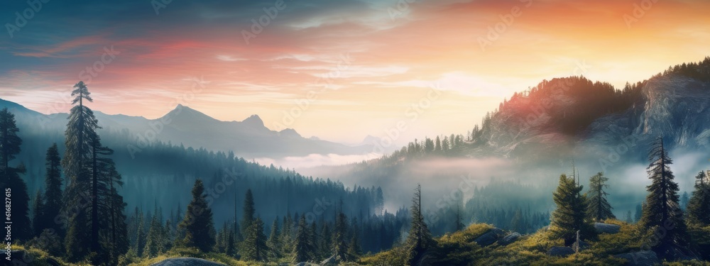 Breathtaking landscape with vibrant colors and natural elements such as mountains, forests, or waterfalls, for captivating and serene web banner. Generative AI