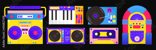 Vector retro music players in 90s style.Groovy hippie cartoon illustration