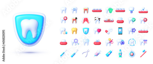 Dentistry icons 3d, great design for any purposes. Orthodontic dentistry. Healthcare medicine concept. White background. Realistic 3d vector design