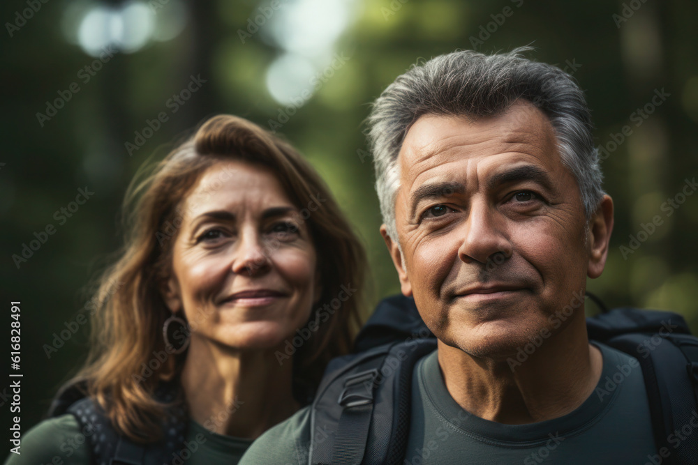 Mature couple hiking through the forest, Generative AI