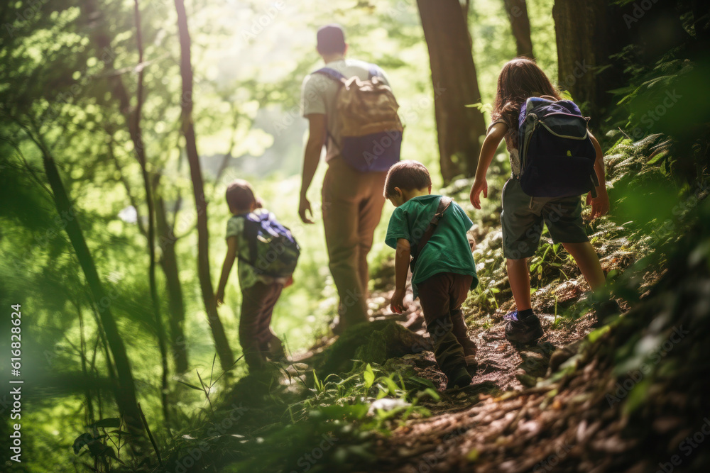 Family with children hiking through the forest, Generative AI Family with children hiking through the forest, Generative AI