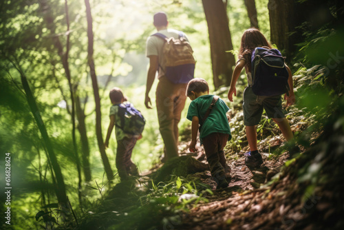 Family with children hiking through the forest, Generative AI