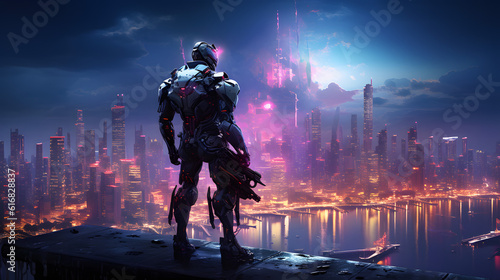 cybernetically enhanced warrior staring at a dystopian city skyline  his robotic arm holding a futuristic weapon  neon city lights reflecting off the metallic surfaces