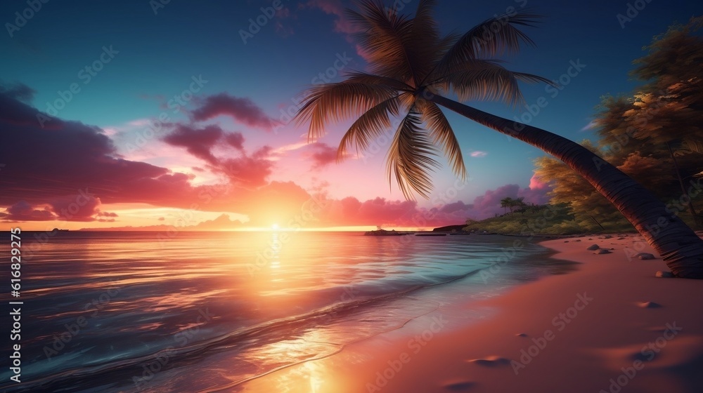 Beautiful Palm beach sunset 3D illustration , summer illustrations , Generative AI