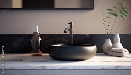 Minimalist bathroom countertop with black sink and tap  interior design AI-generated