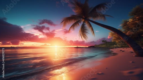 Beautiful Palm beach sunset 3D illustration , summer illustrations , Generative AI