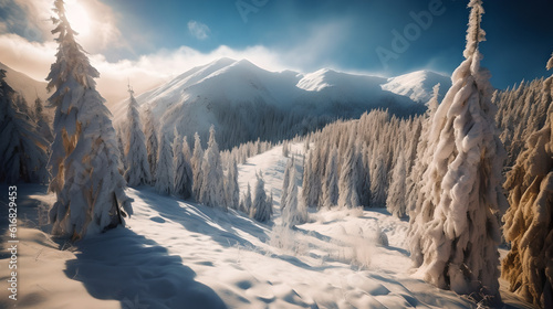 Winter Wonderland Nestled in Majestic Mountains, Background Wallpaper photo