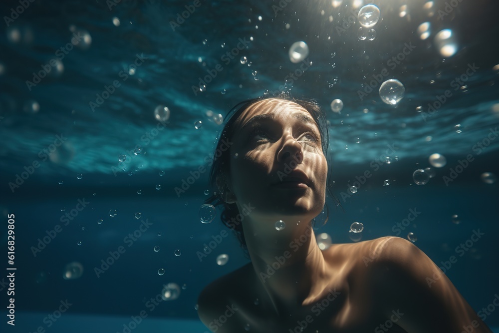 Sporty person swims underwater in the pool. Generative Ai Sporty person swims underwater in the pool. Generative Ai