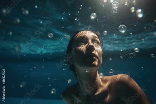 Sporty person swims underwater in the pool. Generative Ai © Oleksandr Kozak