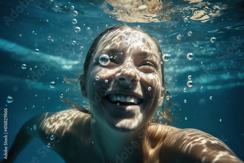Attractive smiling woman swims underwater. Generative AI © Oleksandr Kozak