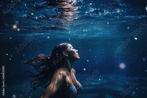Attractive woman swims deep underwater. Generative AI.