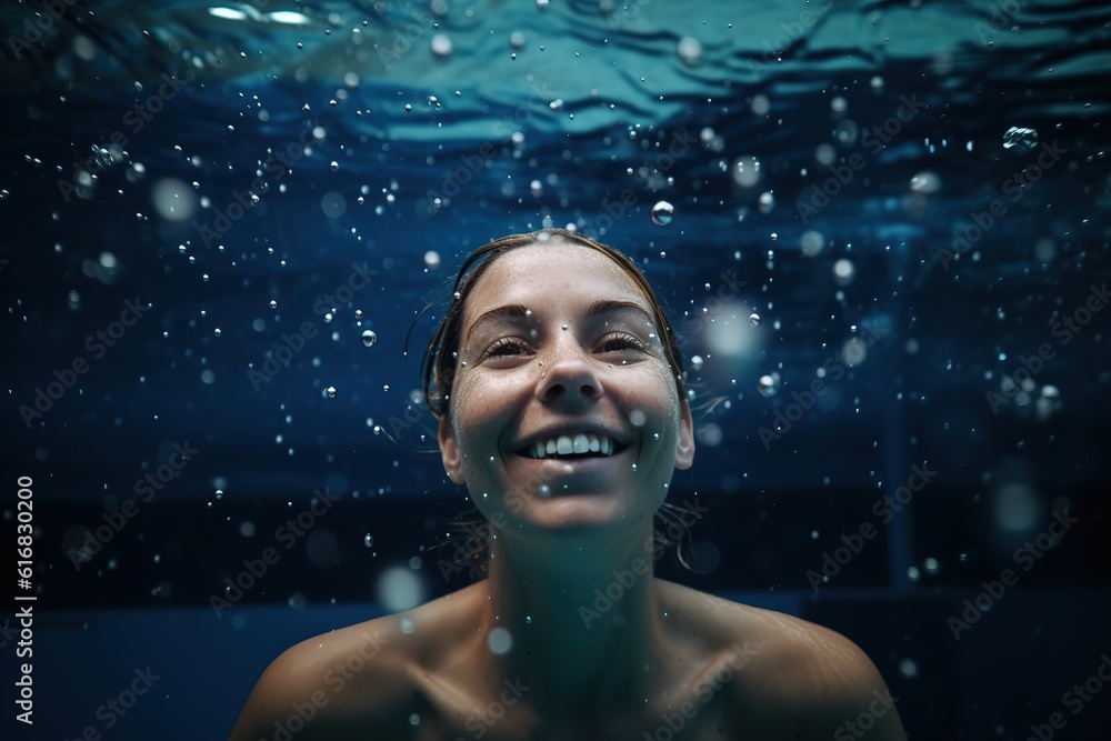 Attractive smiling woman swims deep underwater. Generative AI.
