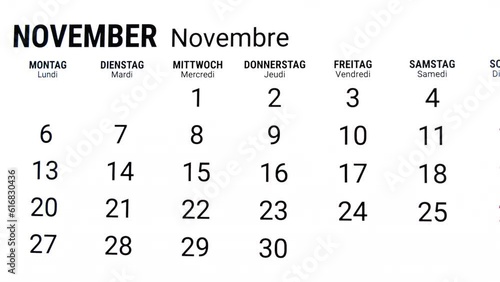 Time lapse zoom out motion of calendar month of November in german and french