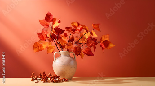 a bouquet of orange autumn leaves on a light orange delicate background with copy space, generative ai