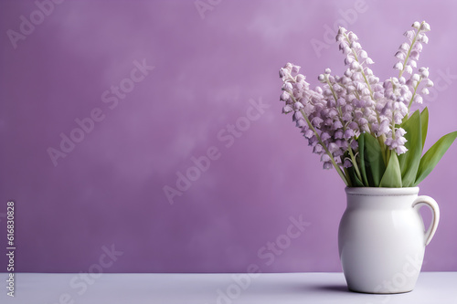 bouquet of lilies of the valley on purple background with copy space, generative ai