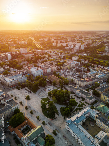 downtown plac litewski, city square and park at sunset, Lublin, Poland