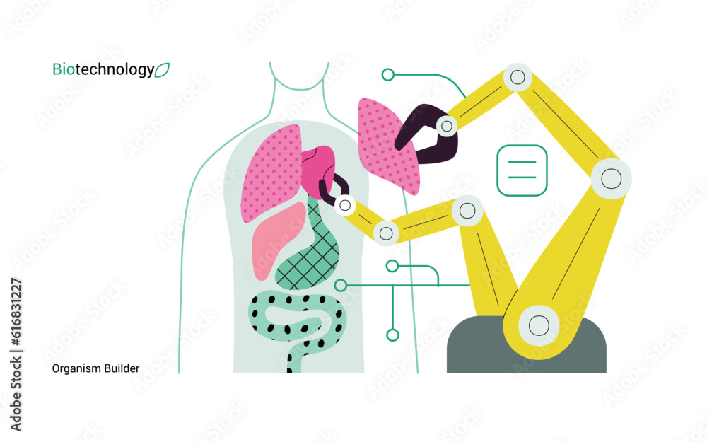 Bio Technology, Organism Builder -modern flat vector concept illustration of robot assembling organism using blocks, parts representing organ systems. Metaphor of regenerative medicine and 3D printing Bio Technology, Organism Builder -modern flat vector concept illustration of robot assembling organism using blocks, parts representing organ systems. Metaphor of regenerative medicine and 3D printing