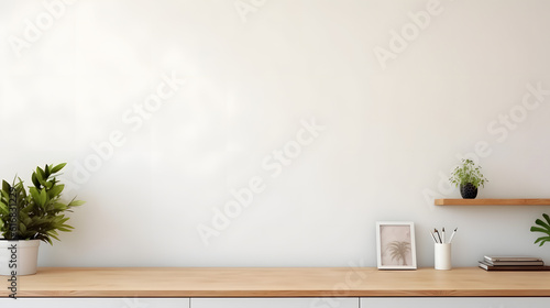 Desk at home office with supplies and wall copy space. Minimalistic workspace