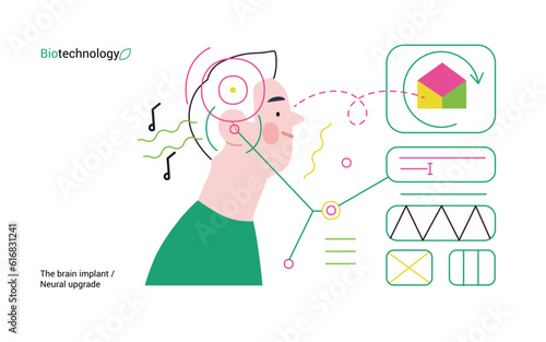 Bio Technology, Brain implant, Neural upgrade -modern flat vector concept illustration of brain implant, integration, enhanced cognitive abilities. Pushing boundaries of potential, neural upgrades