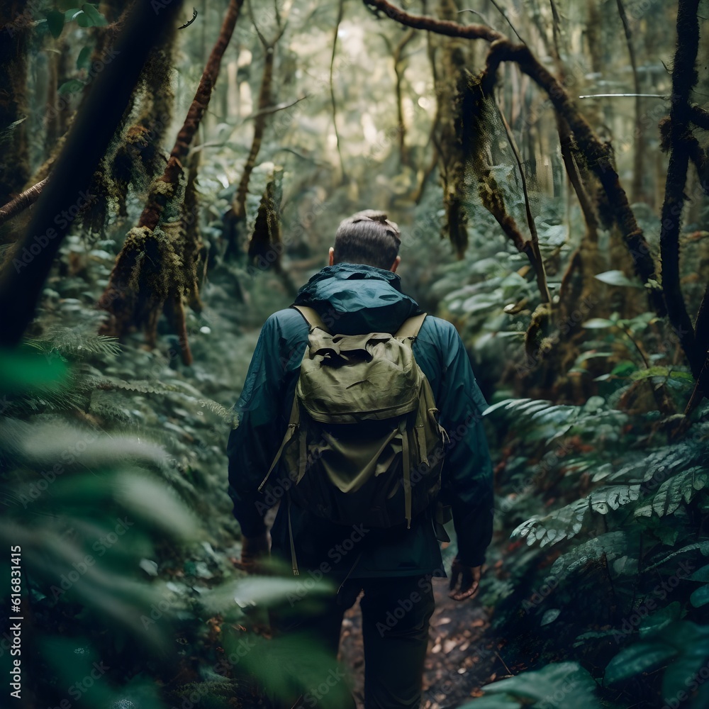 Lone hiker explores dense forest of lush greenery, vibrant foliage, and towering trees.