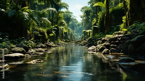 Tranquil River Reflection in Lush Rainforest