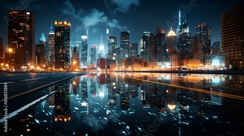 Vibrant city skyline at dusk reflected in serene waters.