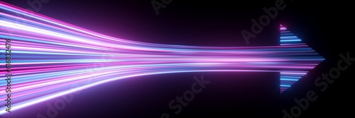 3d render, abstract minimalist geometric background. Speed concept. Colorful neon arrow shows right direction, glowing in the dark