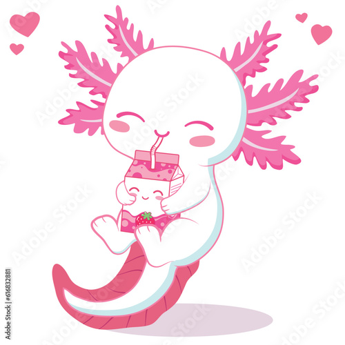 kawaii axolotl drinking strawberry milk tea cartoon vector illustration
