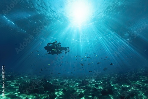 touristic submersible equipped with powerful lights and state-of-the-art imaging equipment, it captures mesmerizing footage of underwater ecosystems and elusive creatures. AI-generated.